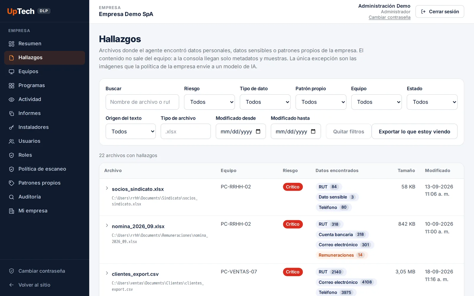 Listado de hallazgos de UpTech DLP con archivo, equipo, riesgo y tipos de dato encontrados (datos de demostración)
